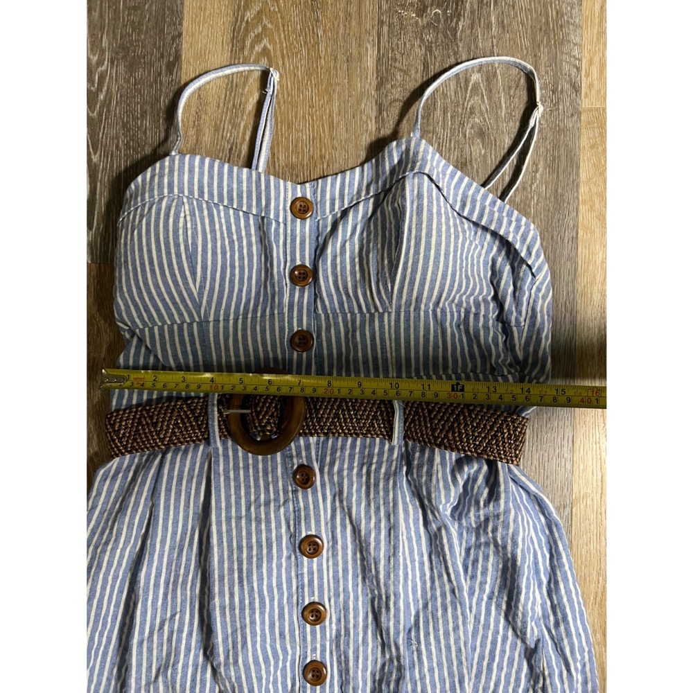 Mind Code Blue White Striped Cotton Mini Dress Button Down Belted Womens Large - Picture 2 of 6